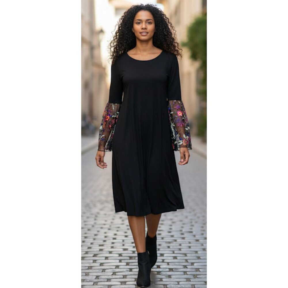 MSK Black Dress with Flared Embroidered Sleeves, Small